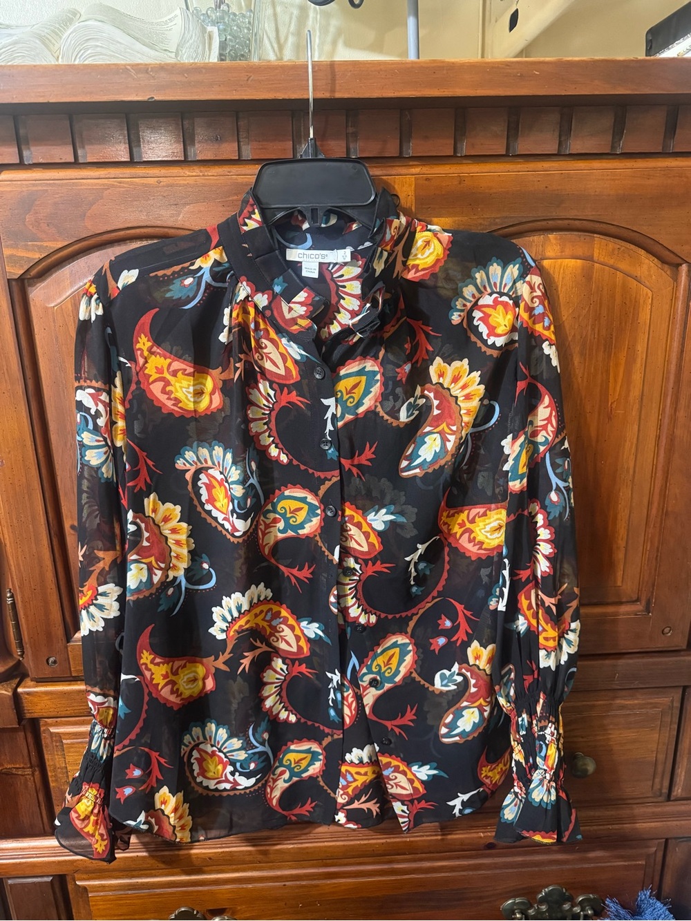 Chico's Black Paisley Floral Button-Up Blouse with Red, Yellow & Teal Accents